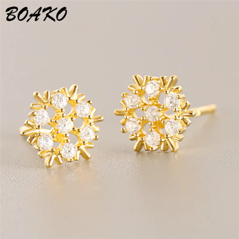 

BOAKO Crystal Flower Stud Earrings Beautiful Snowflake Piercing Earrings Woemn 925 Sterling Silver Earrings Fashion Jewrly