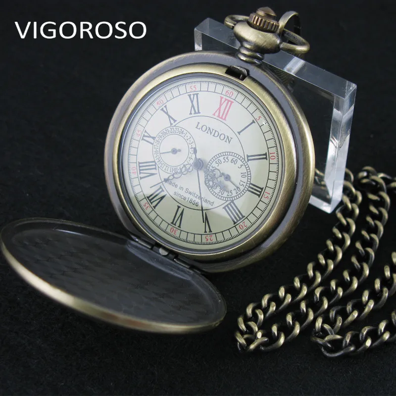 Роскошные Механические карманные часы с двумя суб-циферблатами, ручная обмотка, бронзовый сплав, скелет, задняя цепочка, Ретро стиль, римские цифры, часы