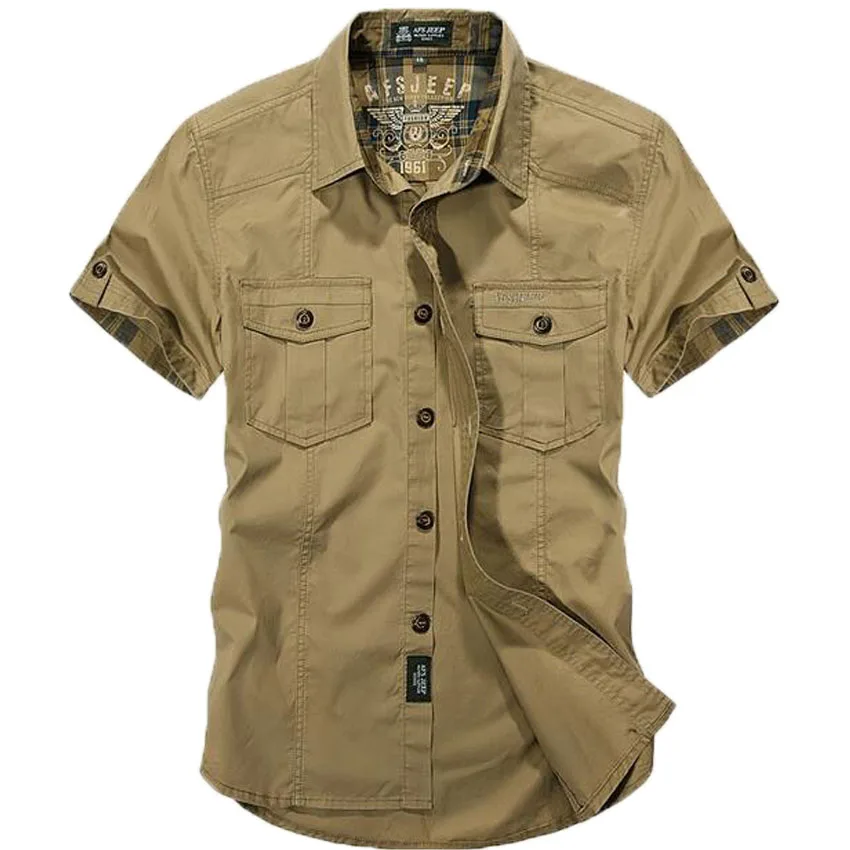 

AFS JEEP Men Brand Cotton Dress Shirt High Quality Summer 2016 Lattice Fashion Loose Casual Short Sleeve Army Shirts 66