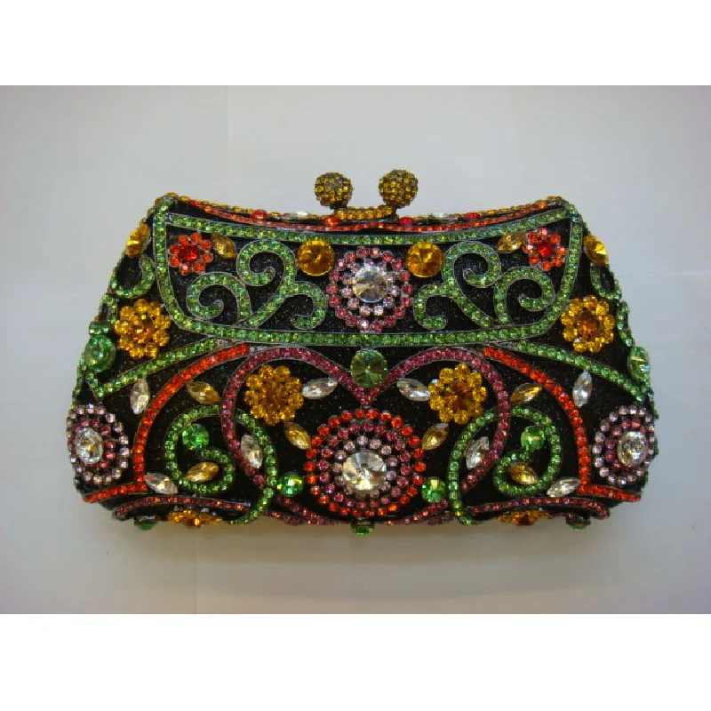 

#8131 Multi-color Crystal Flower Floral Black Bridal Party hollow Metal Evening purse clutch bag handbag box case