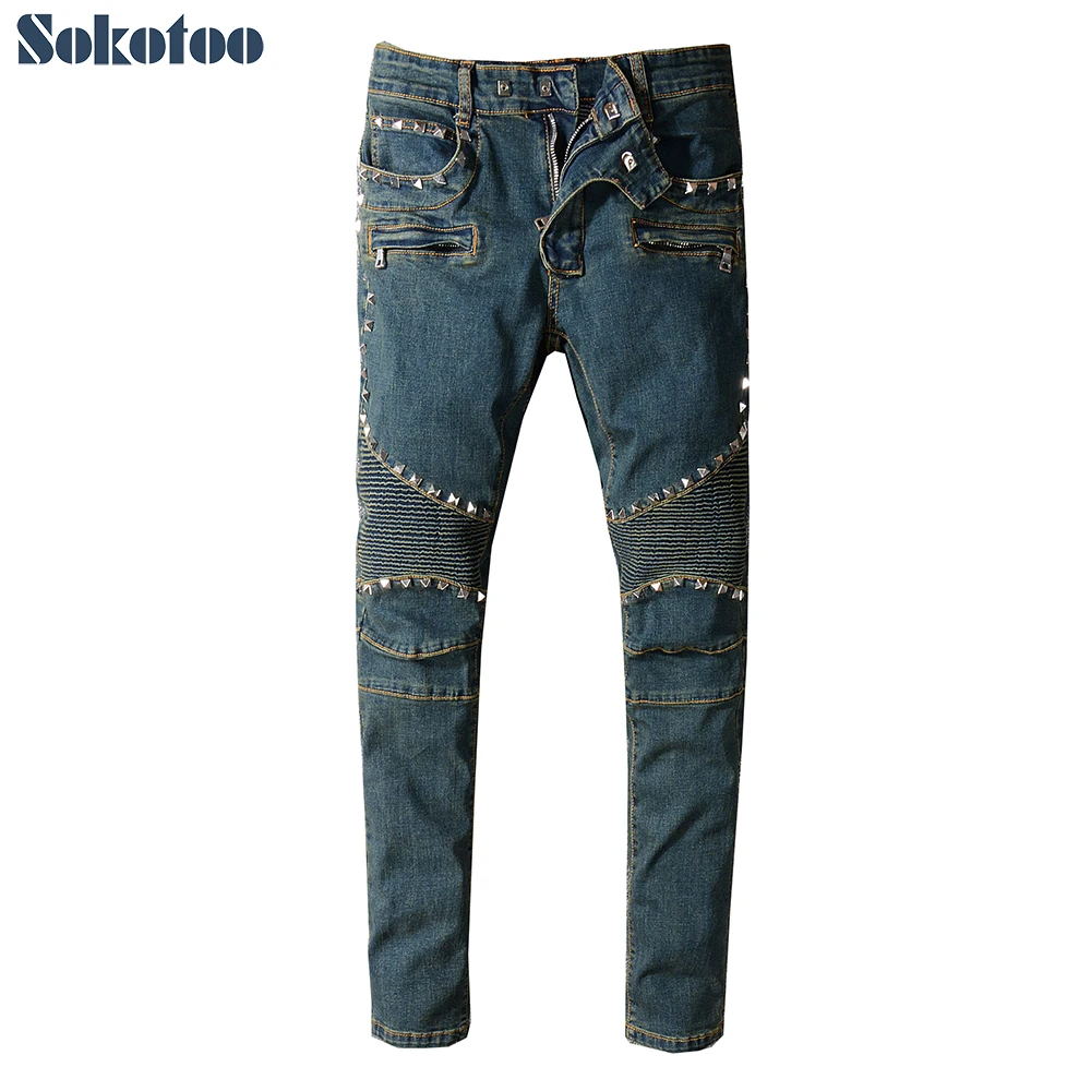 Sokotoo для мужчин's Винтаж Тонкий прямые байкерские джинсы для moto повседневное плюс размеры заклёпки мода джинсовые штаны Высокое качество