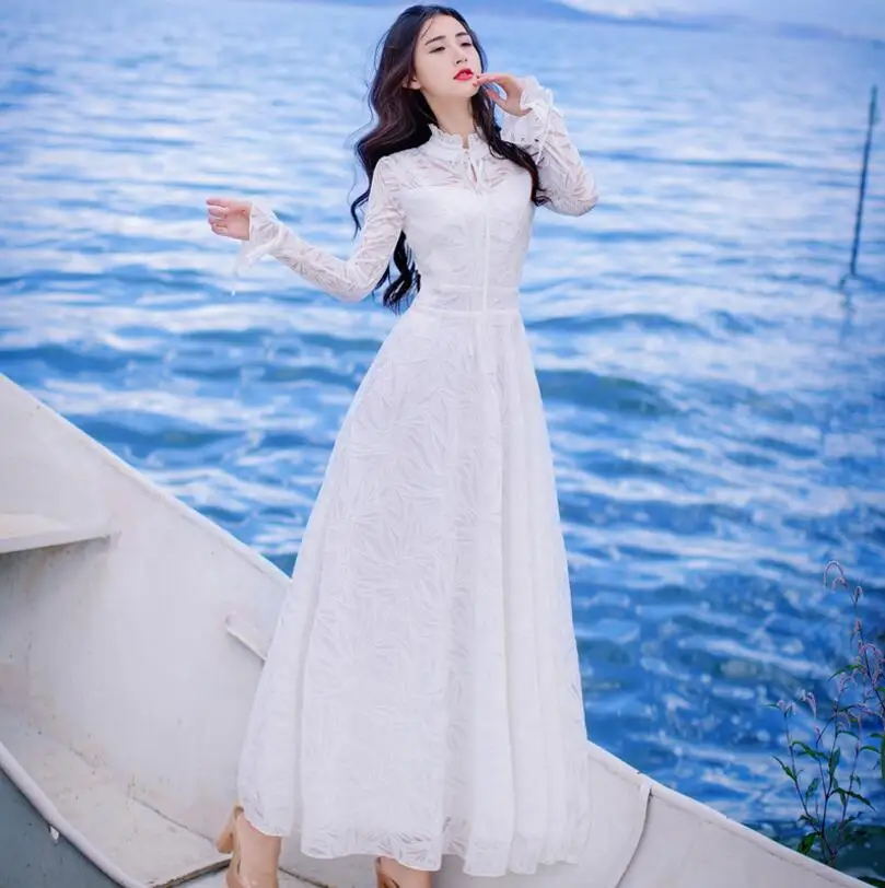 

Spring New Ladies' Flare Sleeve Embroidered Lace Hollow Out Dress High Waist Long Robe Vestidos s1910