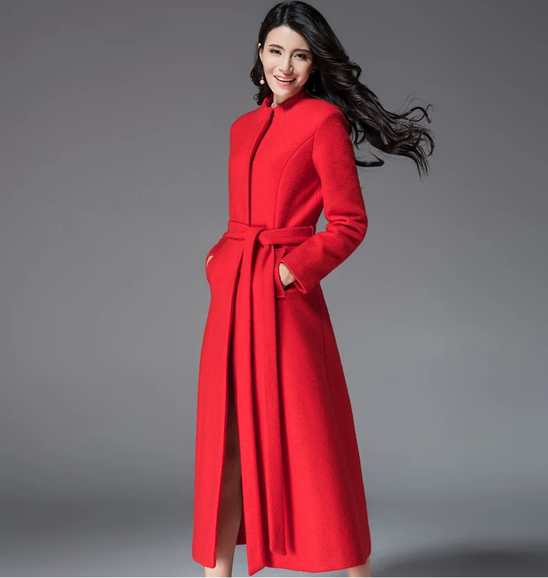 

Womens woolen coatRed black wine red Full X-Long Slim