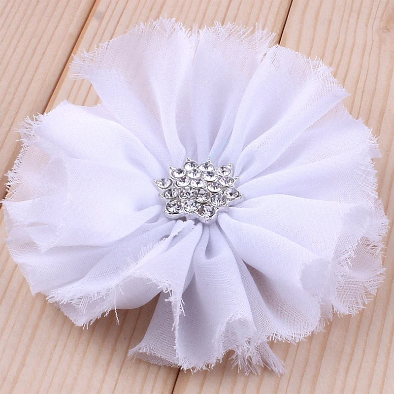 

120pcs/lot 3" 16colors Artificial Frayed Chiffon Flower With Snow Rhinestone Button Fluffy Fabric Flowers For Kids Headbands