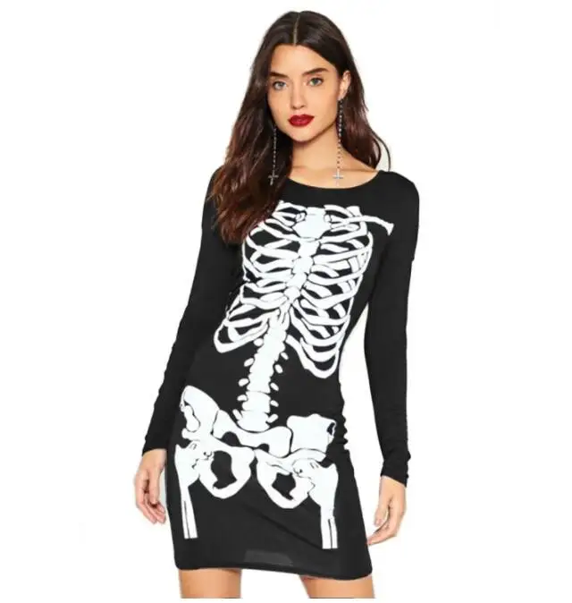 Для женщин карандаш платье осень в стиле «панк» с изображением черепа, с О-образным вырезом с длинным рукавом сексуальные Повседневное скелет Хэллоуин вечерние платья - Цвет: Черный