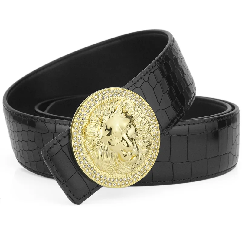 Black Golden-buckle Высококачественный Лев Золотой Медный Круглый Пряжка брендовые Роскошные модные дизайнерские ремни мужские из натуральной кожи повседневные поясные ремни - Цвет: Black Golden-buckle