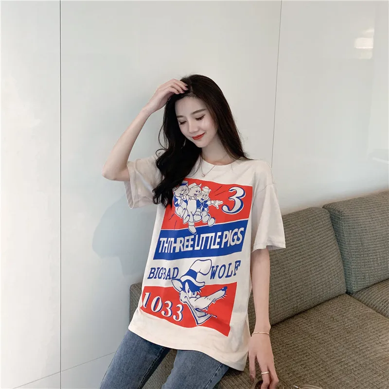 Harajuku Ulzzang Oversize tshirt мультфильм печати короткий рукав футболки корейский стиль Для женщин Свободные Летние Футболка женская Повседневное Топы