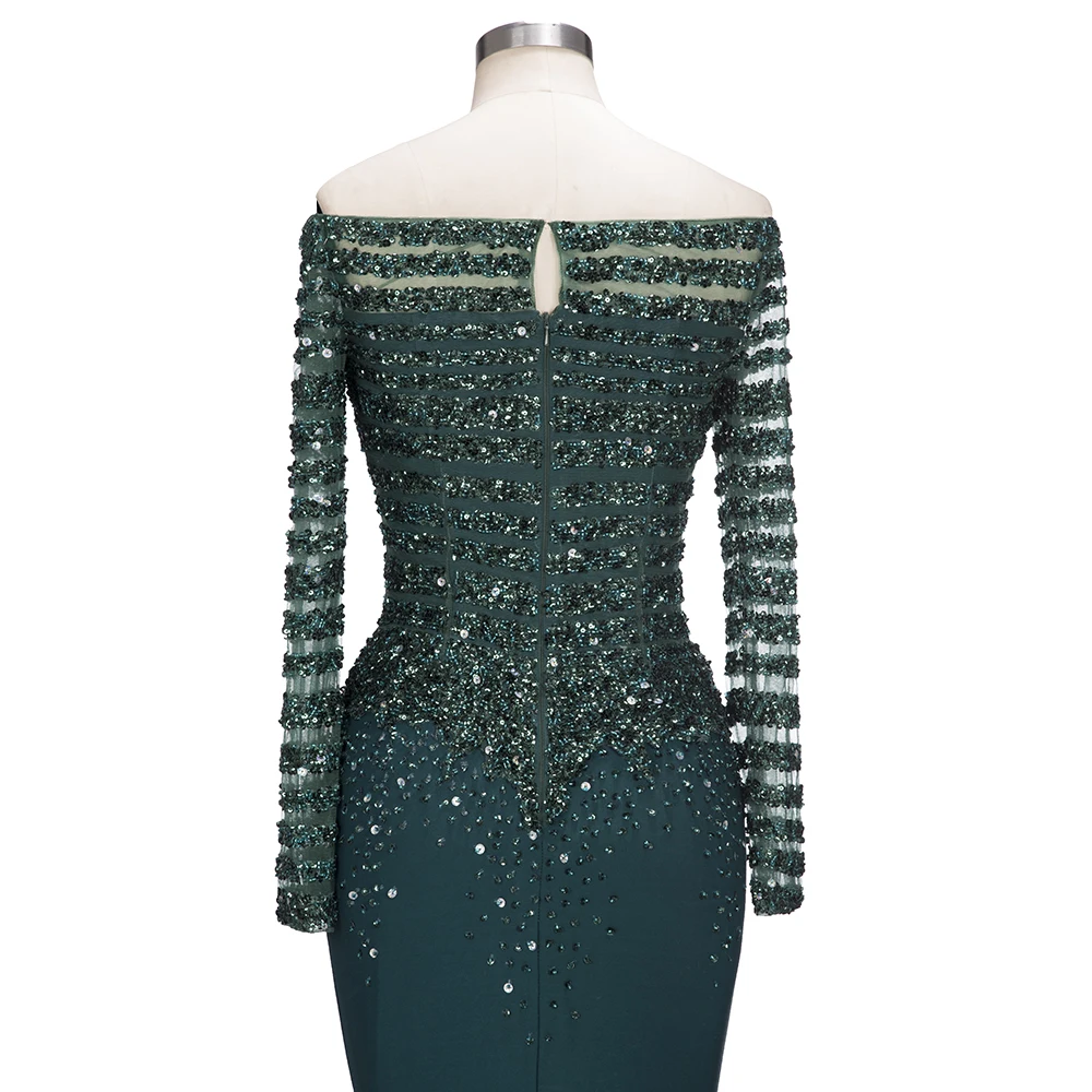 Роскошное зеленое вечернее платье русалки с бисером и блестками, вечернее платье с длинными рукавами и открытыми плечами, vestido de festa