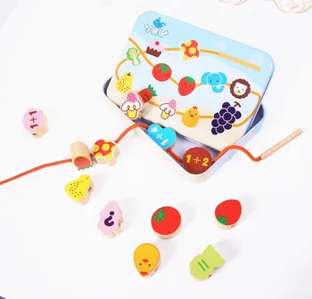 

Baby Educational Toys Animal/Vehicle/Fruit Stringing Beads Large Size Wooden Toys Iron Box Geometric Blocks Child Learning Gift