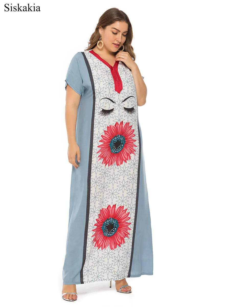 Siskakia Flower Print Plus Size Women Maxi Long Dress Vintage Loose V Neck Short Sleeve Female Dresses Blue Pink Summer 2019 New (10)