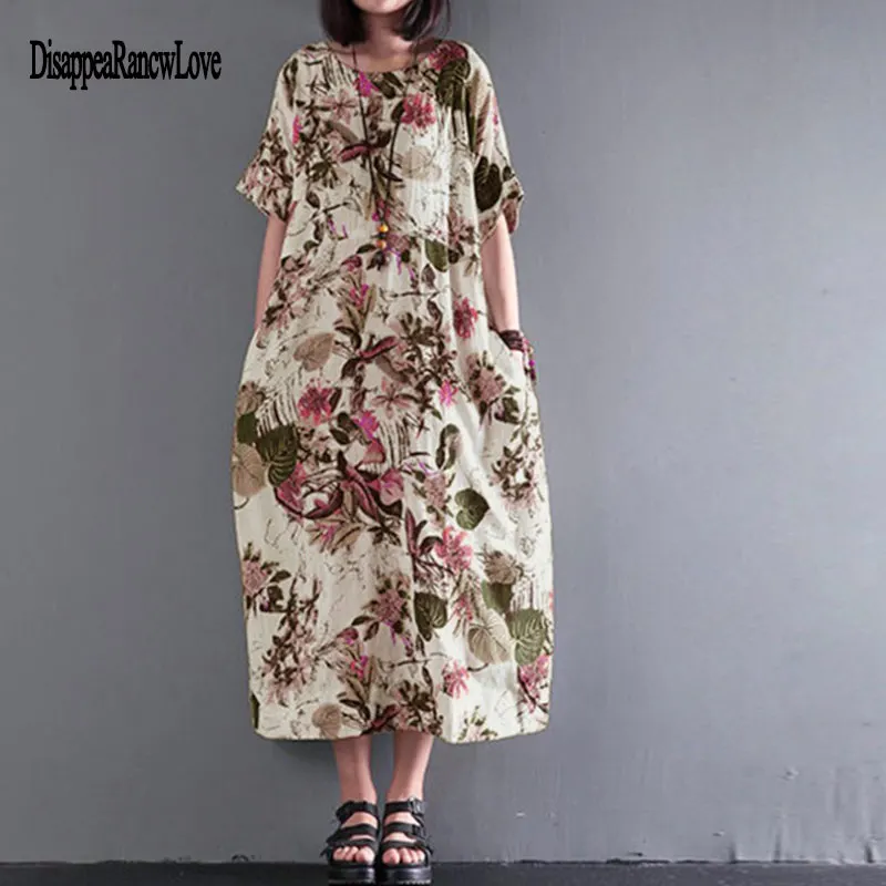 

women Flower print maxi dress pleated short sleeve female casual straight dresses chic ankle length vestidos M-5XL