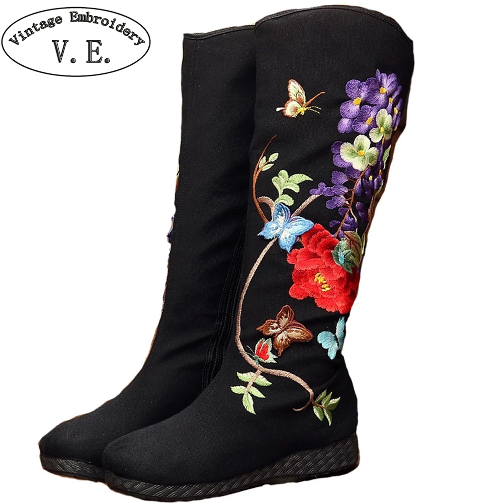 

Vintage Embroidery Boots National Floral Knee Boots Retro Butterfly Embroidered High Quality Winter Warm Zipper Shoes Woman