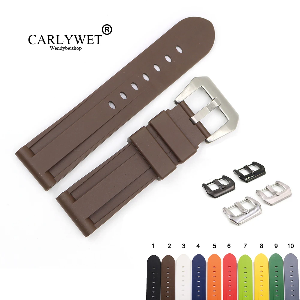 

CARLYWET 24mm Grey White Black Yellow Orange Brown Waterproof Silicone Rubber Replacement Watch Band Strap For Panerai Luminor
