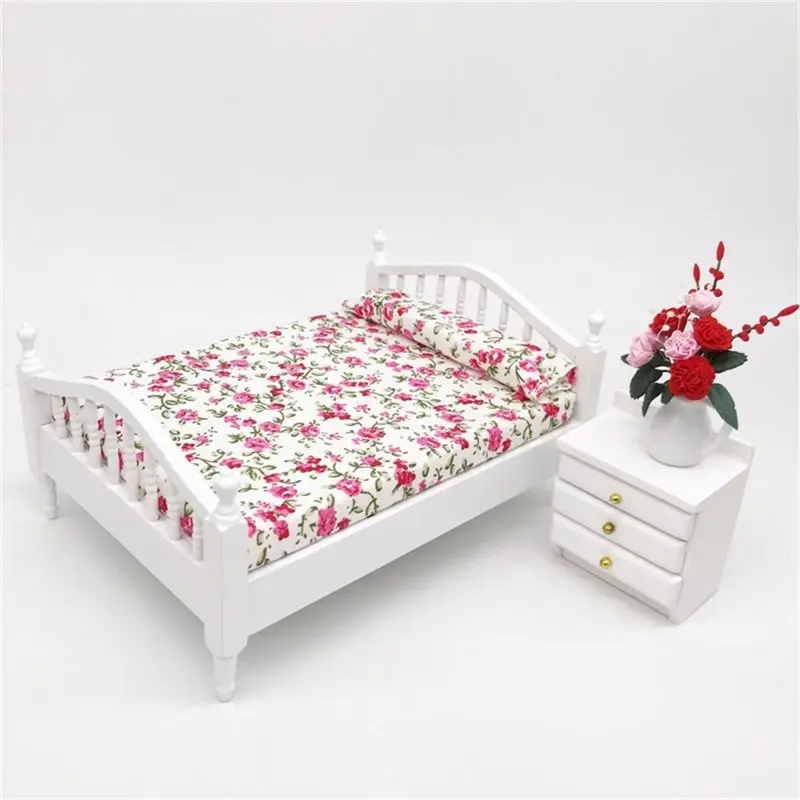  Doll house accessories Wooden Double Queen Bed Flower Pattern Mini Furniture For 1/12 Scale Doll