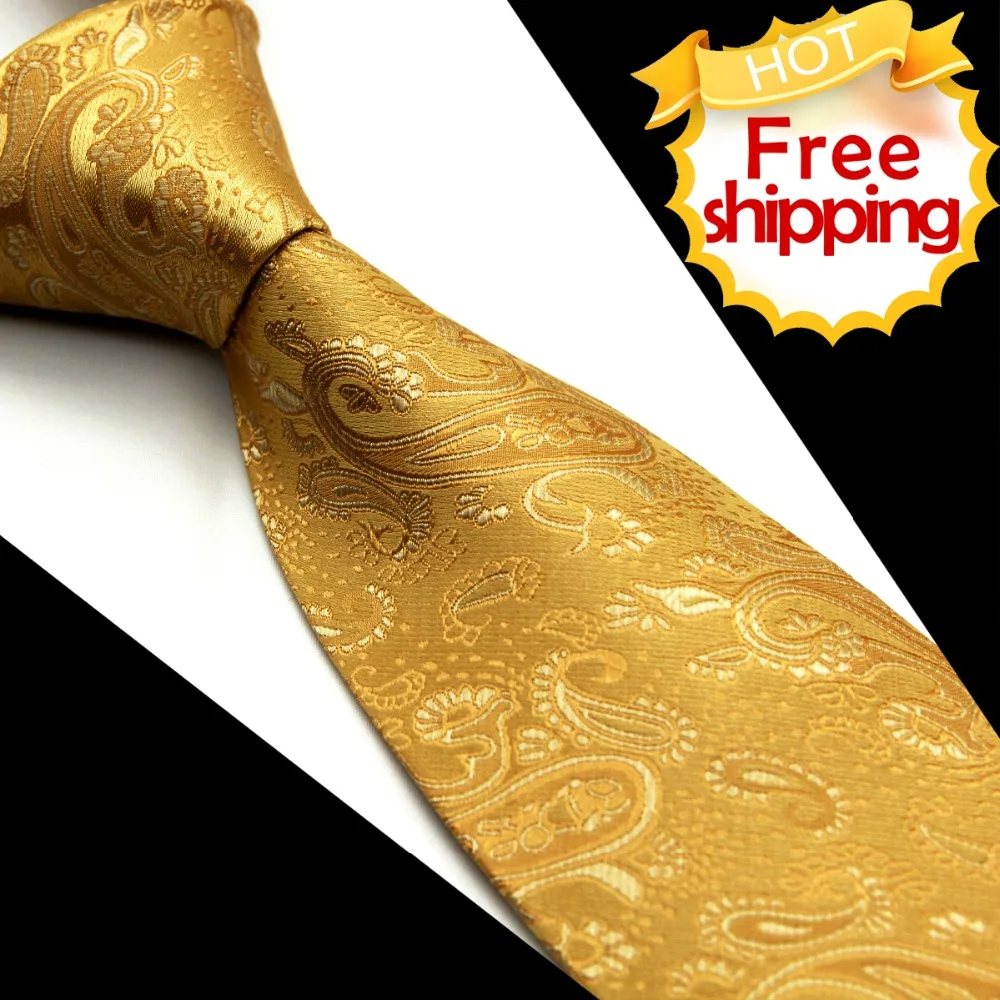 Wholesale Solid Paisley Yellow Gold Men's Tie Necktie Pocket Square 100