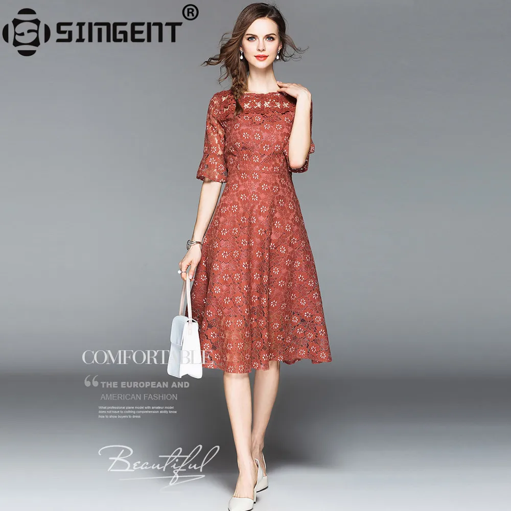 Simgent новое летнее женское модное кружевное платье трапециевидной формы с рукавами-фонариками и вырезом в три четверти SG84261