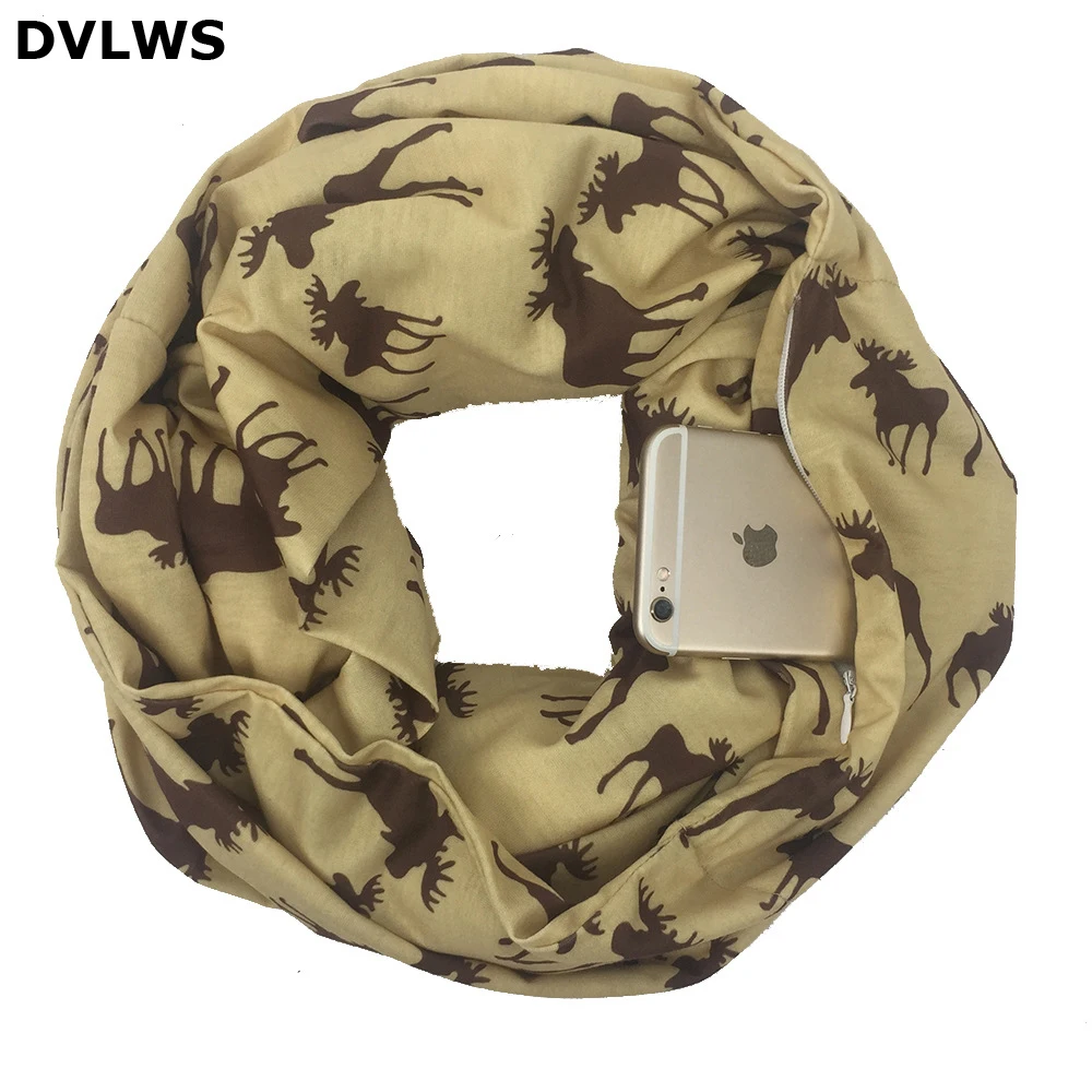 

Hot New Style Pockets Scarf Christmas Deer Print a Elk Pattern Printed Zipper Pockets Scarf Unisex High Quality