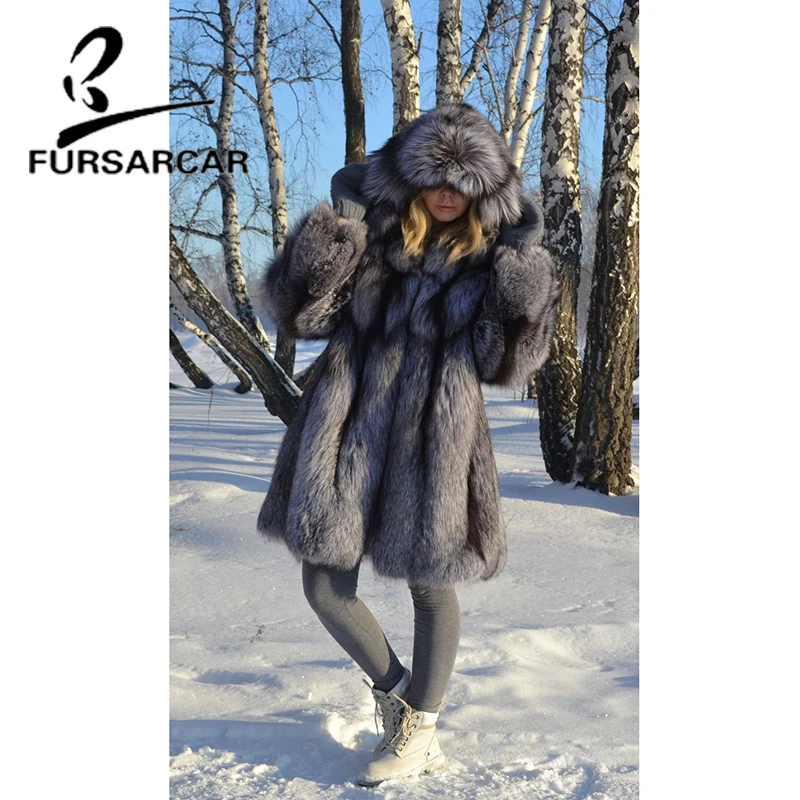 

FURSARCAR Winter 90 CM Long Real Fox Fur Coat Women Luxury Thick Warm Coat With Fur Hood Fashion Natural Fox Fur Female Jacket