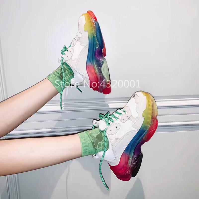 

Best Street Fashion Heavy Clear Rainbow Sole Platform Lace Up Trainers Fabirc Mesh Track Women Sneakers Pre-Order 2019 New Shoes