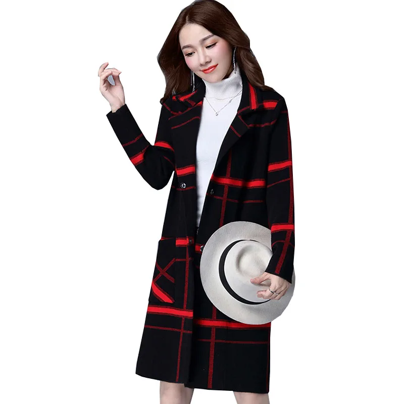 2016 Autumn Women's knit cardigan Trench Coat female long Plaid Casual