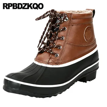 

Waterproof Ankle Lace Up Brown Plus Size Booties Warm Mens Rubber Rain Boots Pvc Winter Shoes Casual Chunky Short Faux Fur 2018