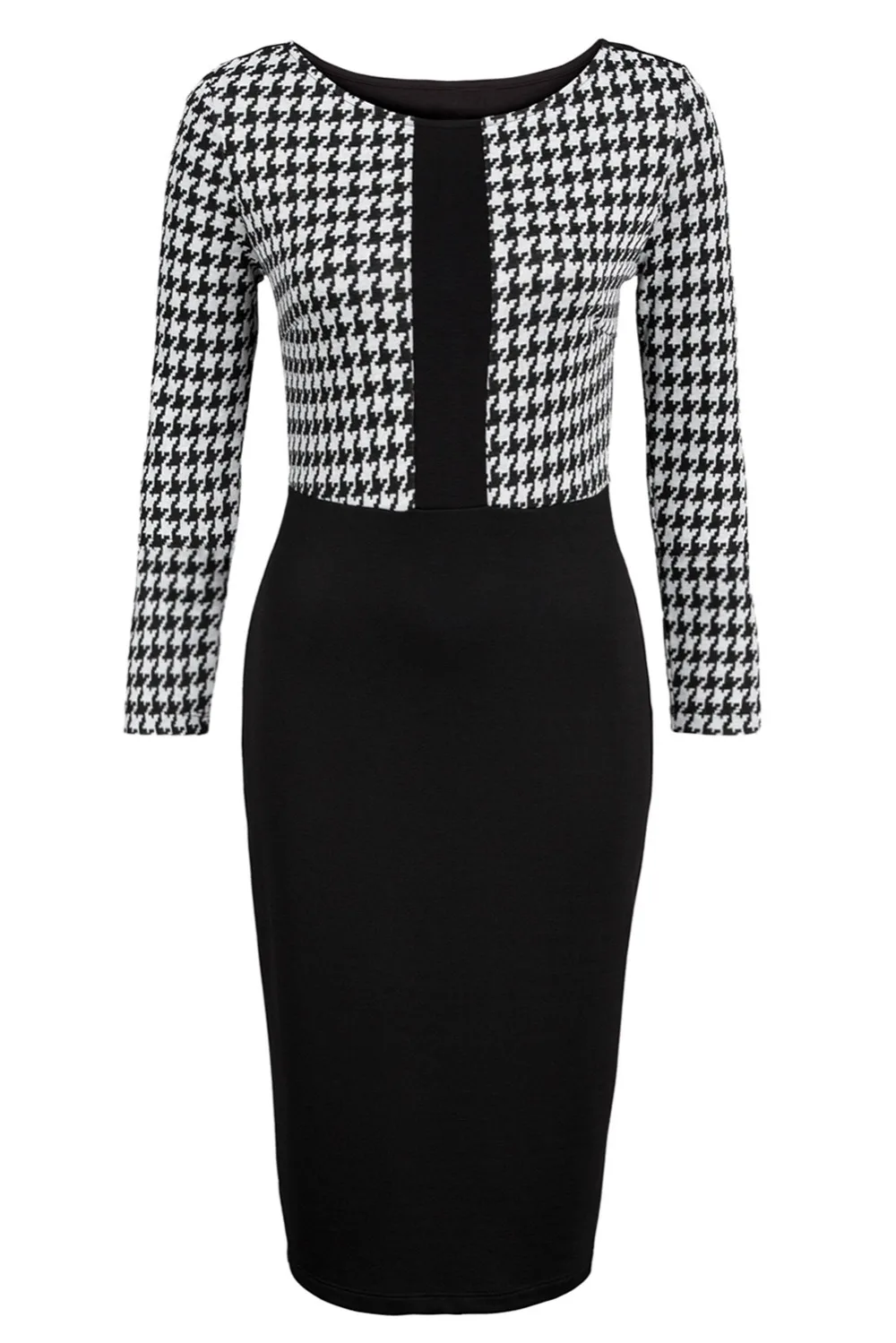 Black-Houndstooth-Patchwork-Pencil-Midi-Dress-LC220538-2-3