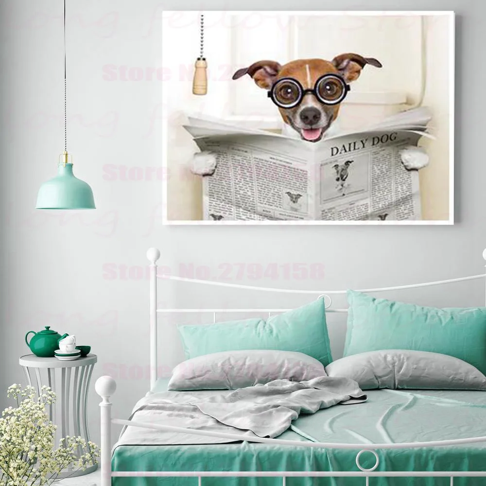Puppies Reading Newspapers in the Bathroom Nordic Poster Canvas Print Abstract Artwork Pictures Office Room Decor Drop Shipping