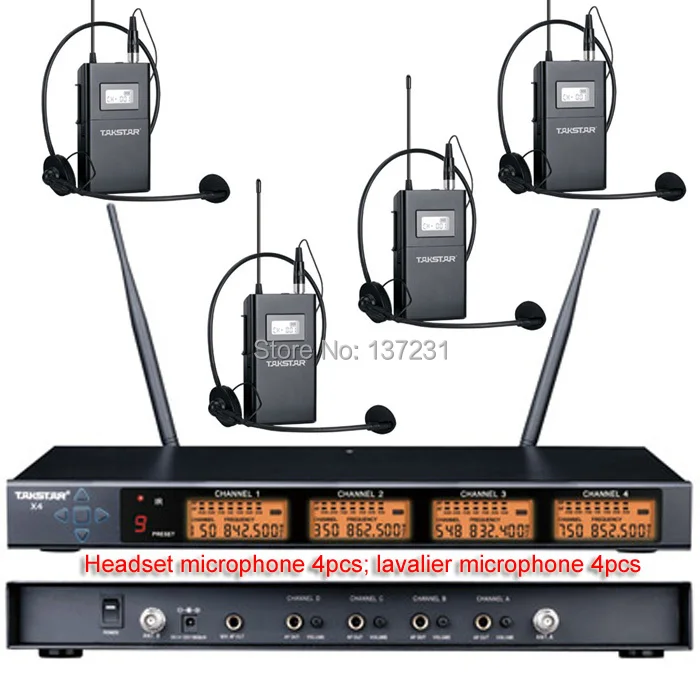 Топ бутик X4 гарнитура 4 шт. и lavalier 4 микрофон для компьютера Профессиональный UHF/PLL четыре канала беспроводной микрофон системы 4 канала