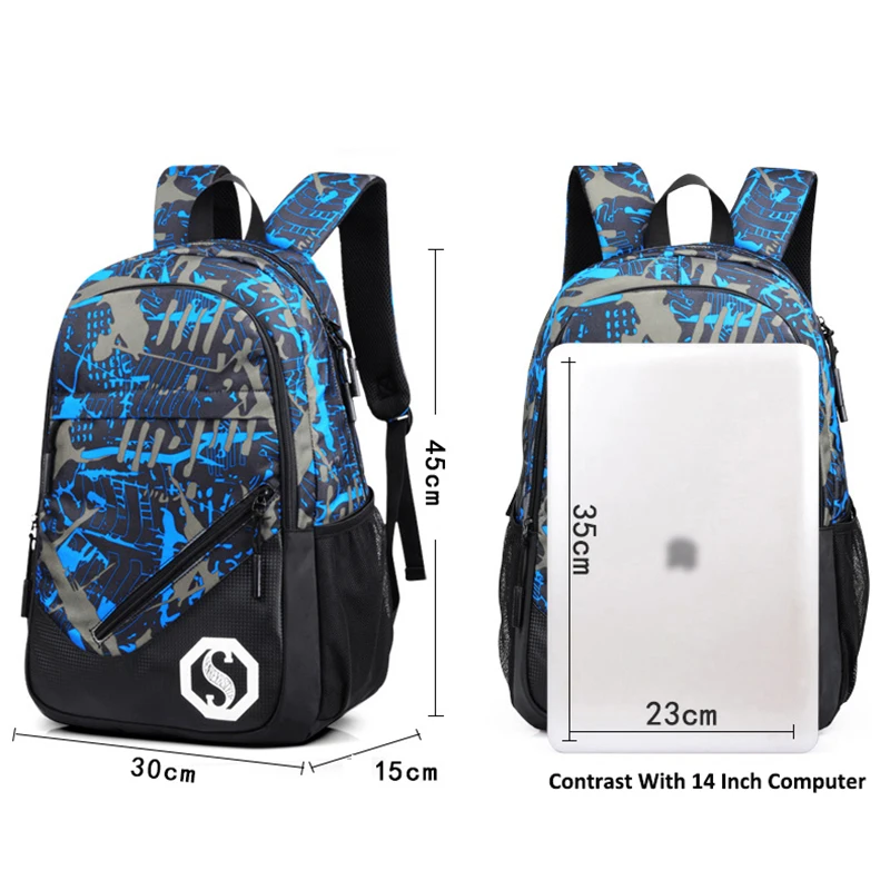 OZUKO Fashion Men's Backpack Luminous Students School Bags External USB Charge Laptop Backpacks Teenagers Casual Travel Mochila
