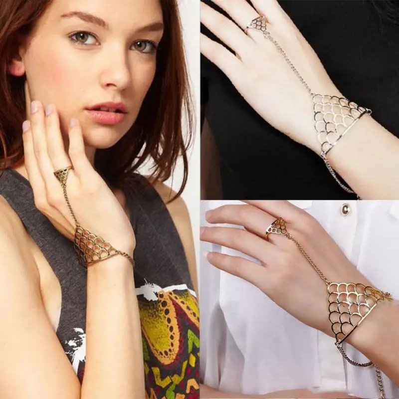 

Fashion of fatima finger ring hand chain harness slave women New Multi Chain Punk style Harness Finger Bangles For Women #5