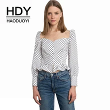 HDY Haoduoyi бренд для женщин в горошек белые хлопковые рубашки Slash шеи тонкие оборки женские Vitange повседневные милые блузки