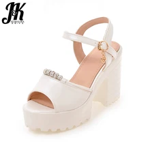 J & K Taille 32-42 À Talons Hauts Sandales Doux Peep Toe Chaussures D’été de Femmes Épais Talons Plate-Forme Sandales cristal Perle Solide Conception Chaussures