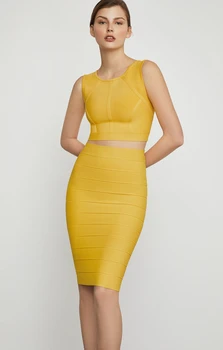 

2 Piece Set Yellow Women Fashion O-Neck Solid Elegant Attractive Female Sexy Lady Suit Summer Party Dress