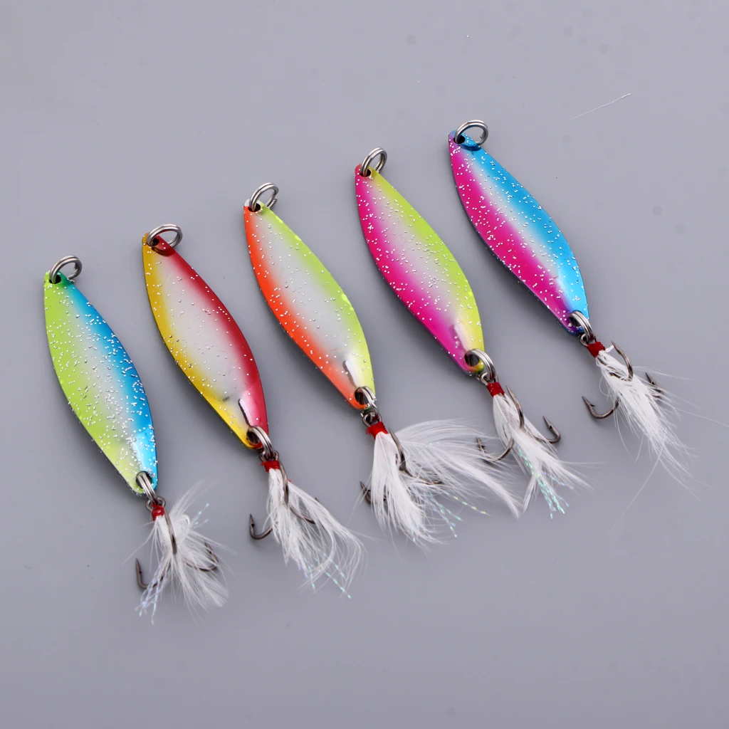 5pcs Spoons Hard Fishing Lures Treble Hook Salmon Bass Metal Fishing Baits Mixed Color 5g/8g/14g/17g