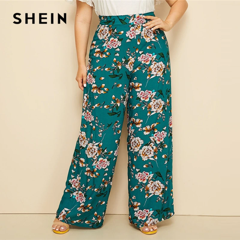 

SHEIN Plus Size Green High Waist Floral Print Wide Leg Pants 2019 Women Summer Boho Casual Long Loose Plus Trousers Pants