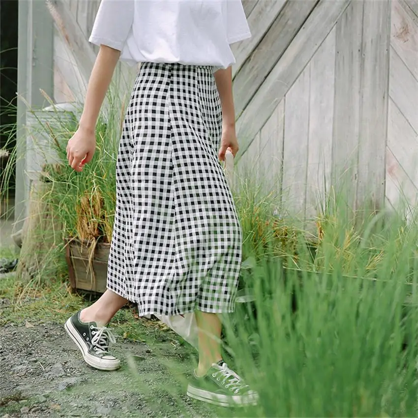 

Women's Skirts Japan Punk Kawaii Ulzzang Lattice Long Paragraph Swing Umbrella Skirt Female Korean Harajuku Button For Women