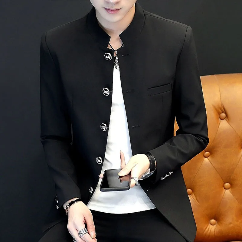 Мужской повседневный Блейзер со стоячим воротником в китайском стиле, приталенный мужской костюм, пиджак, осенне-Весенняя Туника жакетка, белый/черный - Цвет: Black