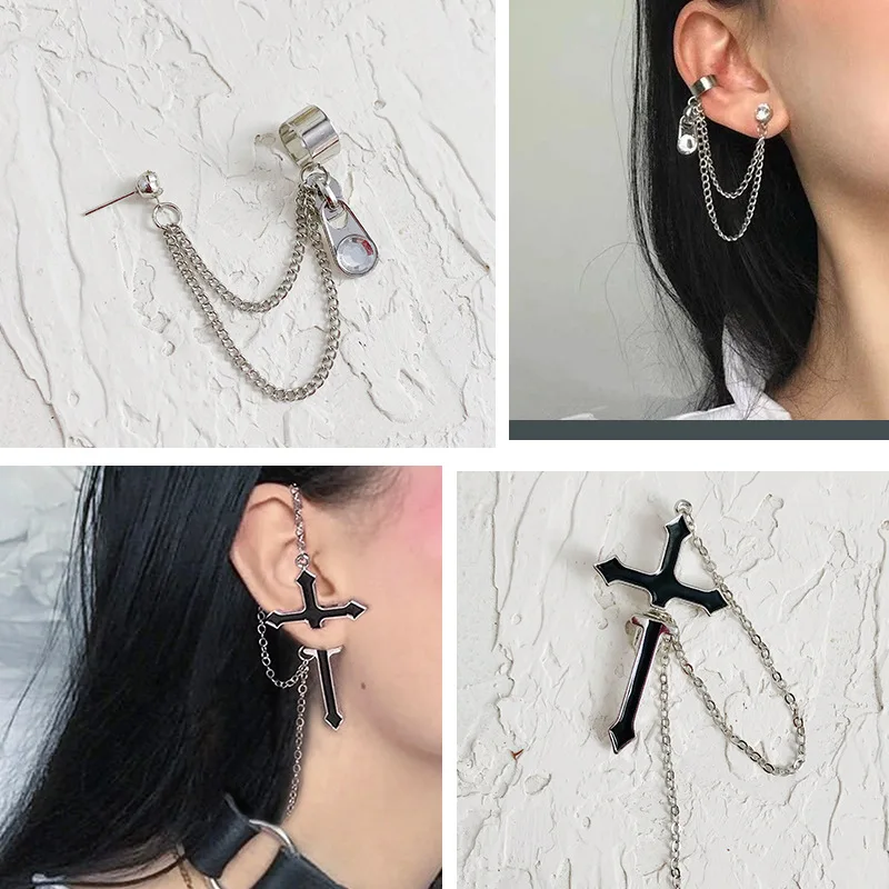

1pc Punk Cross Chain Drop Earrings for Women Fashion Exaggerated Crystal Chain Rock Female Pendant Earrings Ear Bone Jewelry