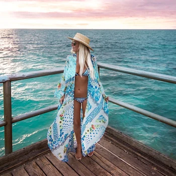 

Womens Boho Style Beach Summer Tops Chiffon Striped Floral Long Kimono Cardigans Femme harajuku blusa feminina dames ropa mujer