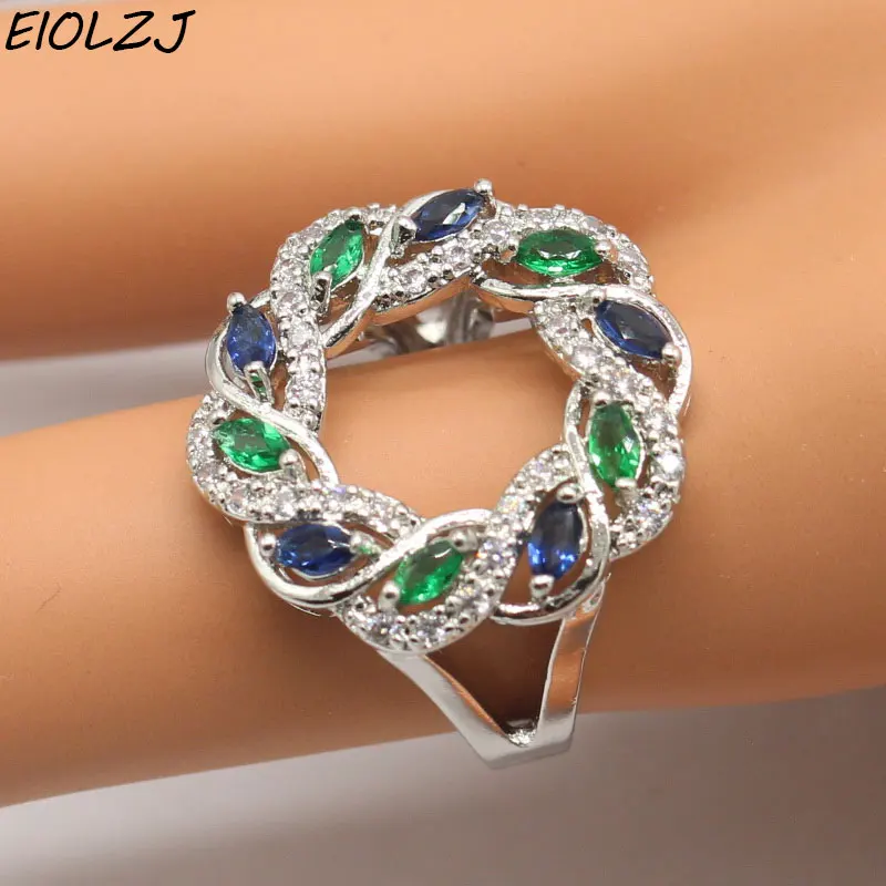 

Trendy Big Polygon Semi-precious Stone 925 Stamp Sterling Silver Ring For Women Green and Blue Rings With Stone Free Jewelry Box