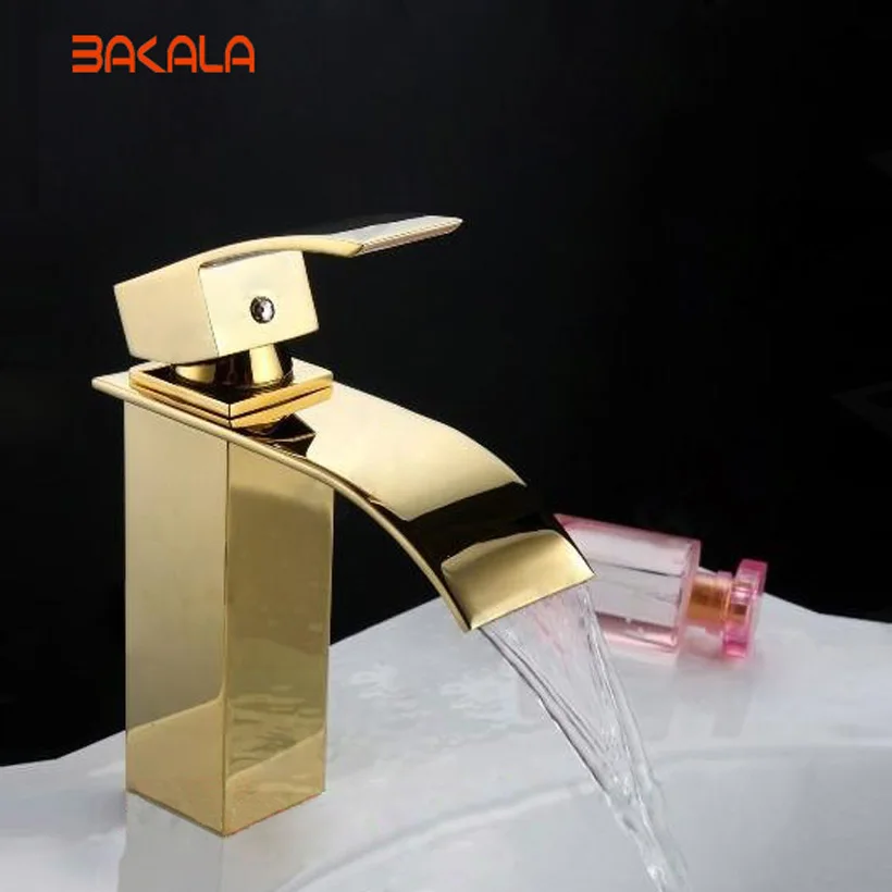 BAKALA Bathroom Basin Sink Waterfall Faucet. Polish Finished Golden
