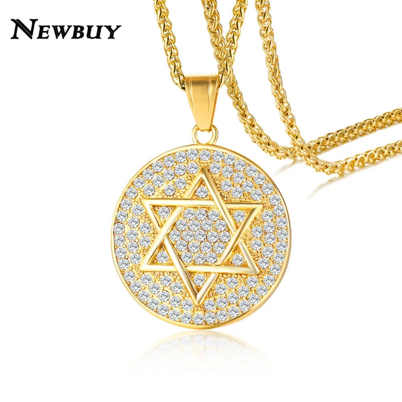 

NEWBUY Luxury Gold Color Cubic Zirconia Male Party Jewelry High Quality Titanium Steel Six-star Pendant Necklace For Men Gift