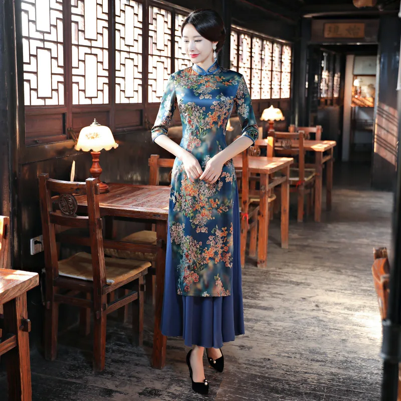 Лидер продаж, дамские район Qipao Вьетнам Aodai Sexy Тонкий китайское платье воротник-стойка Cheongsam Vestidos плюс размер S-3XL