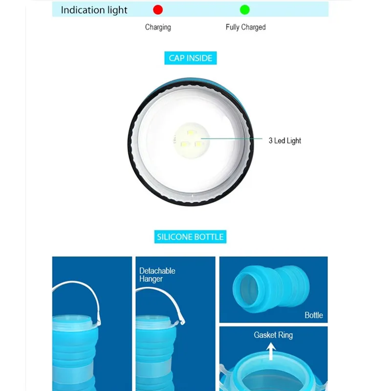 Водонепроницаемый 3 светодиодный USB силиконовый фонарь для кемпинга на солнечной батарее