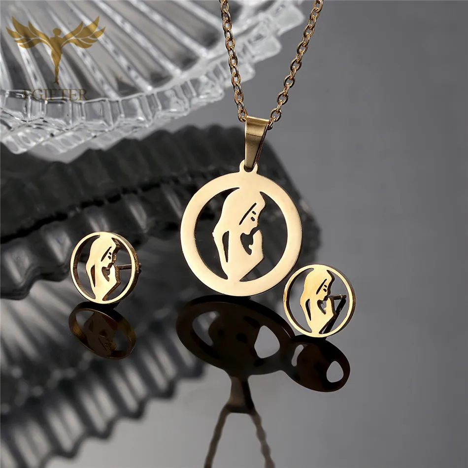 

Stainless Steel Jewelry Sets For Women Madonna Pendant Necklace Stud Earrings Fashion Jewelry Mothers' Gift