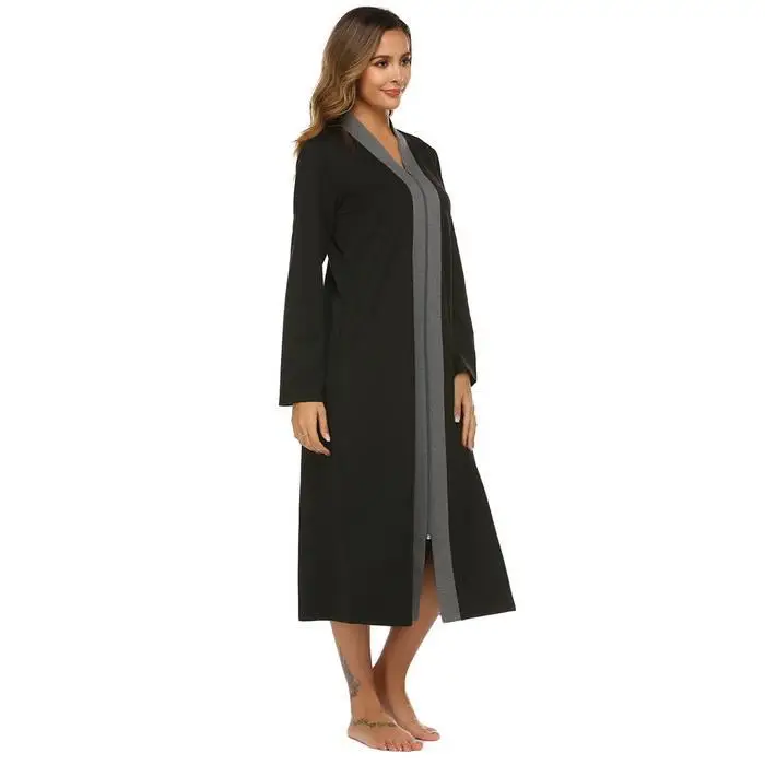 Ekouaer Women Sleepwear Long Robe V-Neck Long Sleeve Dressing Gown Solid Zipper Loose Bathrobe Spa Bathroom Robes Homewear