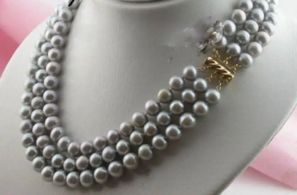 

3 row AAA 9-10MM south sea silver gray pearl necklace 5.27
