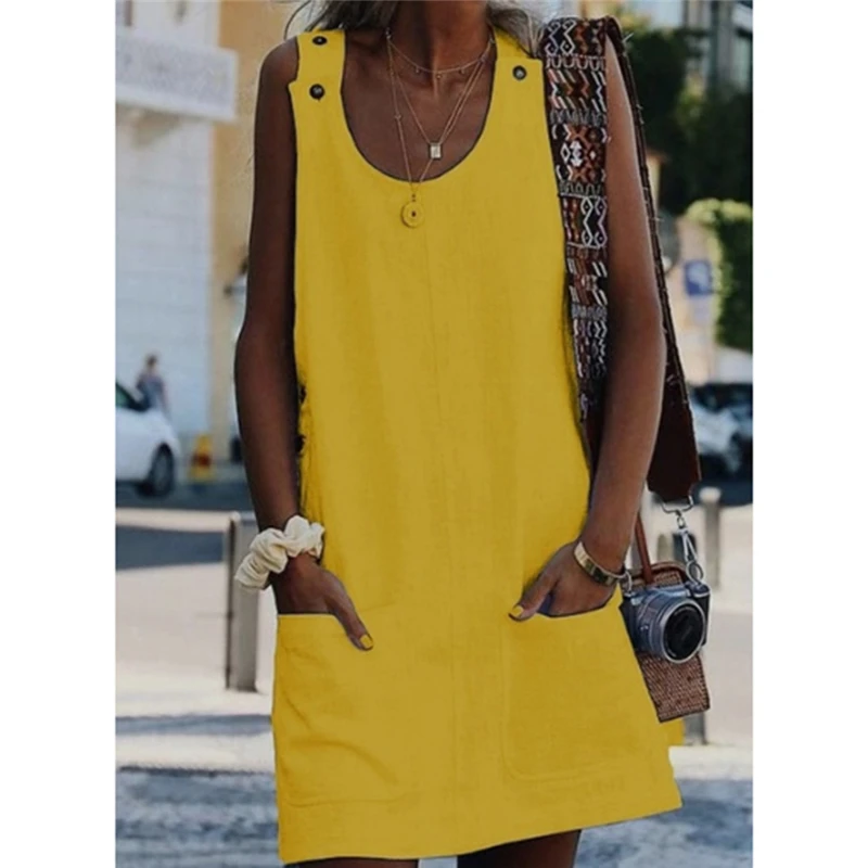 

Summer Women Dress Solid Color Sleeveless Office Lady Dress Sling Ladies Dress With Pocket Elegant Female Clothing