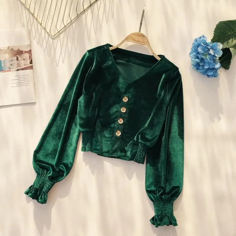 

2018 new fashion women's blouse shirt autumn and winter retro solid color velvet single-breasted puff sleeve short shirt