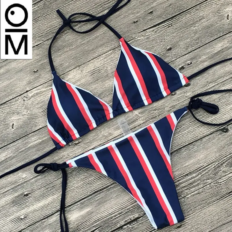 OM 2018 Women Bikini Bandage Striped Swimwear Lace Push Up Tied String Sexy Bikinis Set Women Swimsuit Monokini Bathing Suit